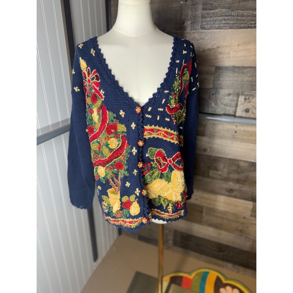 Vintage Navy Blue Christmas Tree Embroidery Scalloped Cardigan Sweater Holiday